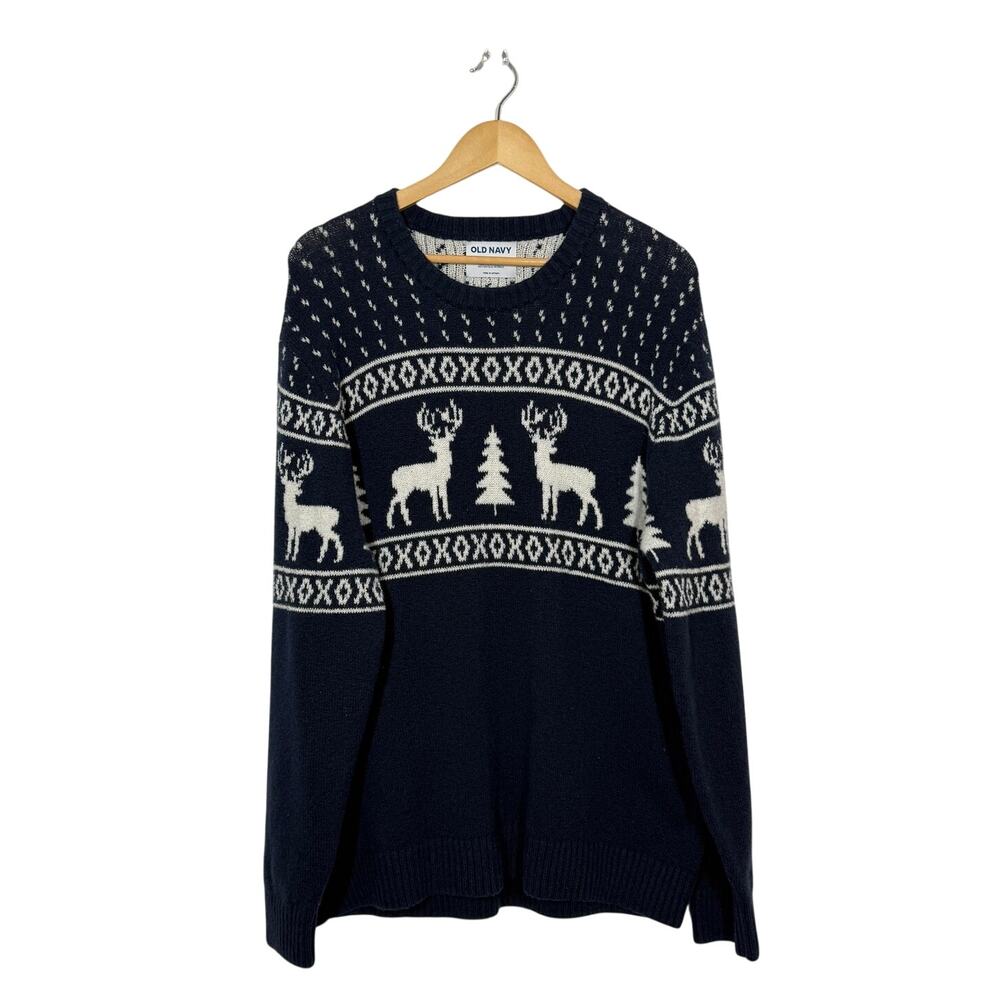 Old Navy Nordic Pullover Sweater Mens Large‎ Navy Fair Isle Reindeer Knit Preppy